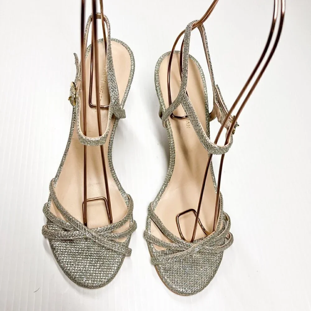 Stuart Weitzman Starla 95 Stiletto Heels Sandals Size 6 Shimmering Silver